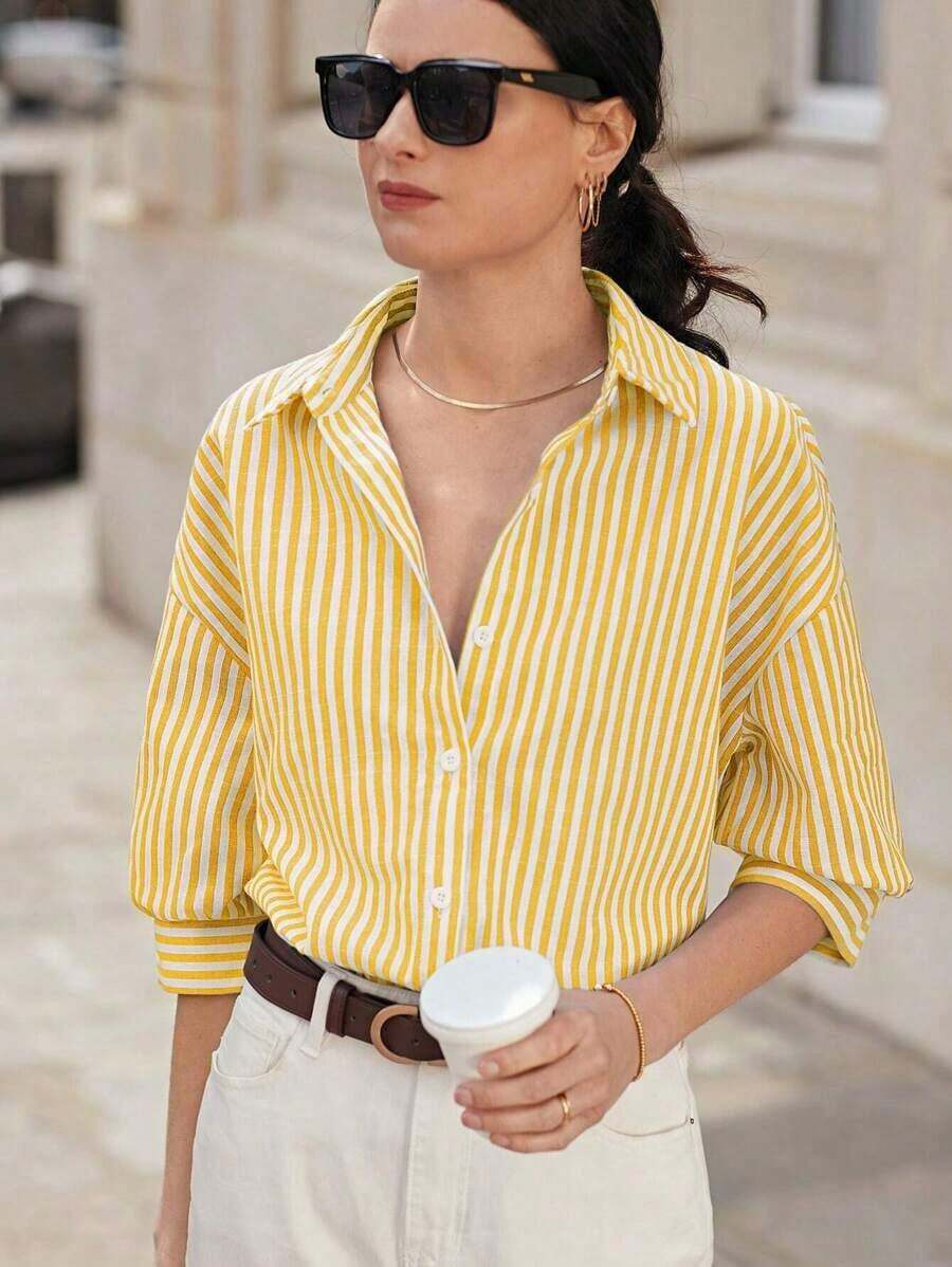 de hombros caídos con estampado de rayas, blusas de verano para vacaciones - Amarillo - Ver 1