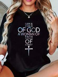 Camiseta de Manga Corta Talla Grande con Estampado de Frase Cristiana, Ropa Religiosa Cómoda y Chic para Mujeres Curvas, Estilo Casual para Salidas Diarias, Esencial para Todas las Estaciones - Negro - Ver 6
