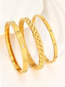 3pcs/Set Stainless Steel Bracelet Set, Rhinestone Clover Clasp Open Bangle, Suitable For Women's Daily Wear Or Gift - Yellow Gold - View 4
