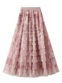 Falda larga de malla con efecto tie-dye estilo retro francés, falda larga de línea A de malla de alta gama, falda de tul con volumen en capas para mujer en color rosa - Rosa - Ver 8
