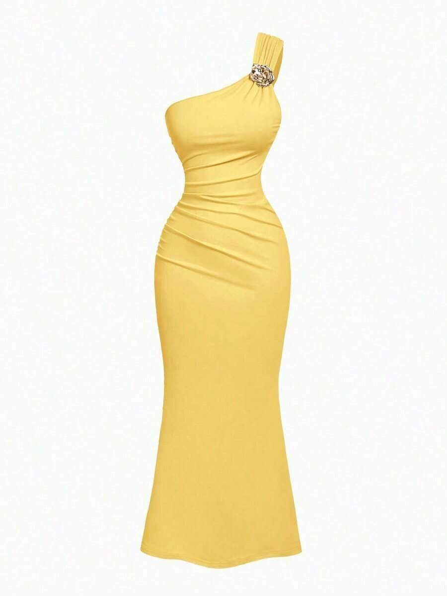 Vestido de cola de pez con cuello fruncido y decoración de broche azul - Amarillo 2 - Ver 1