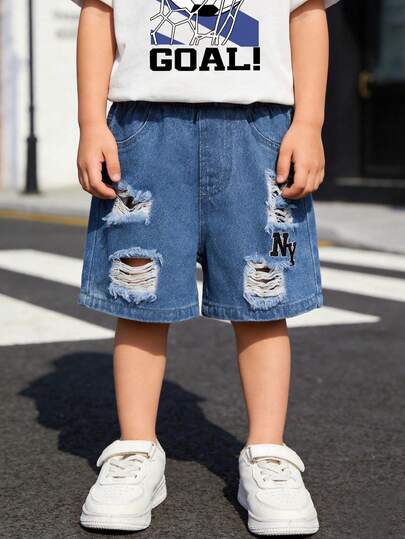 Toddler Boys' Casual Street Fashion Vintage Style "NY" Embroidered Distressed Medium Wash Denim Shorts, Suitable For Spring/Summer Outdoor, Back To School, Sibling Gathering, Family Travel, Birthday Gift