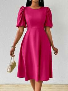 Vestido verde de manga abullonada larga, cuello en V, cintura recogida y bajo acampanado, para primavera y verano - Rosa Fucsia - Ver 3