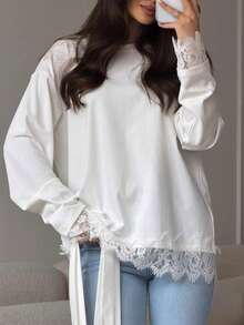 New Women's Solid Color Lace Patchwork Long Sleeve Top, Summer New Arrival, Daily Commute, Holiday, Elegant And Graceful White - White - View 2