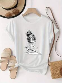 Camiseta deportiva de moda para mujer, de manga corta y cuello redondo, con estampado de letras personalizadas de yoga, cómoda para uso diario. - Blanco - Ver 7