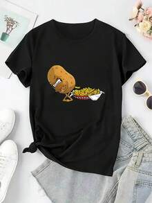 Women's Simple Casual Sports T-Shirt With Creative French Fry Print, Round Neck And Short Sleeve, Comfortable Summer Top For Women - Lightweight And Soft Fabric. - 黑色 - 查看 2