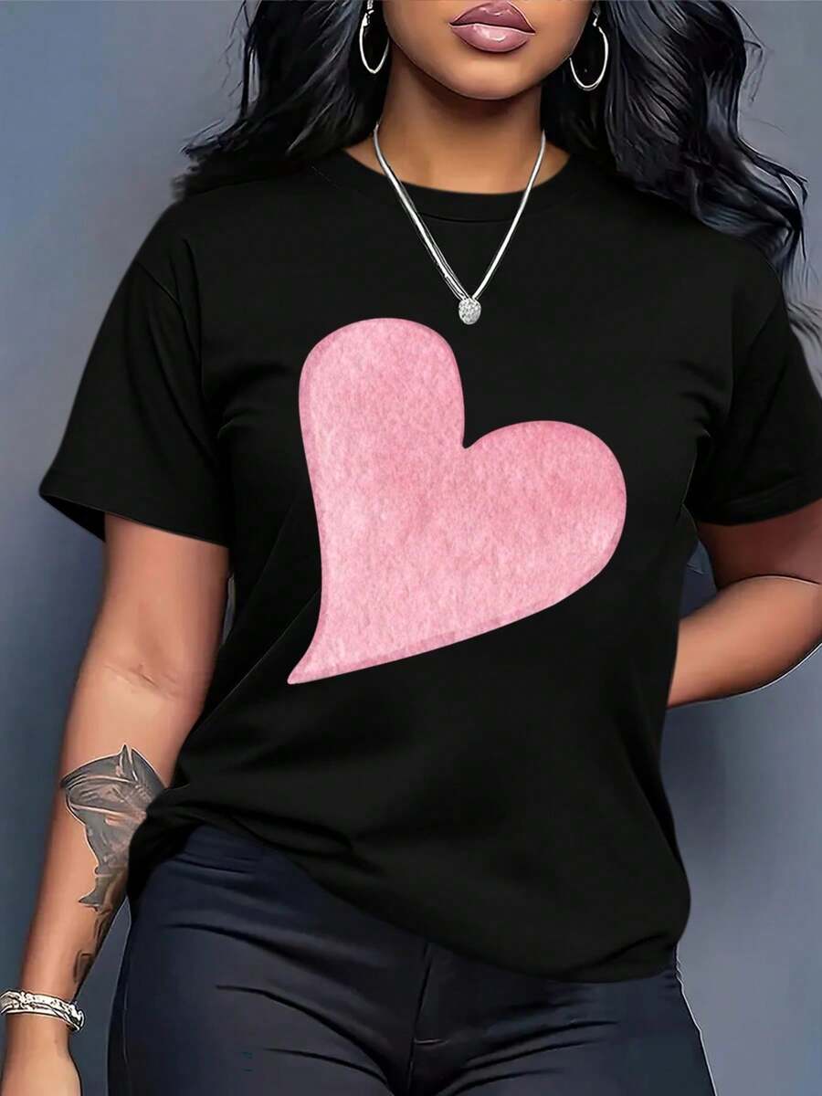Talla Grande - Camiseta de Manga Corta con Estampado Bohemio para Mujer - Camiseta de Cuello Redondo con Estampado de Corazones Negros y Rosados, Top Casual de Moda, Adecuada para Todas las Temporadas, Lavable a Máquina para Uso Diario y Ocasiones Especiales, Ropa Versátil, Diseño Artístico, Material Suave, Camiseta a la Moda, para Entusiastas de la Moda, Camiseta Elegante, Material Cómodo, Camiseta Estampada, Blusas de Algodón a la Moda para Damas. - Negro - Ver 1