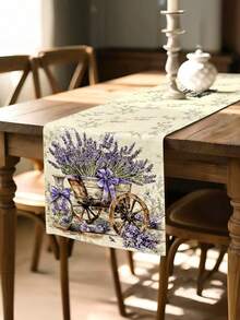 1pc Tablecloth, Decorated In Rice And Purple, Featuring Lavender, Wooden Carts, And Purple Bow Patterns, Suitable For Rustic Home Decor In A European And American Pastoral Style, Rectangular, Ideal For Dining Rooms, Parties, Festivals - Lilac Purple - View 5