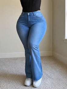 High-Waisted Flare Jeans, High-Stretch Light Blue Denim Pants, Slim Fit Flared Hem Distressed Design, Casual Trousers Suitable For Curvy Figures - Blue - View 2