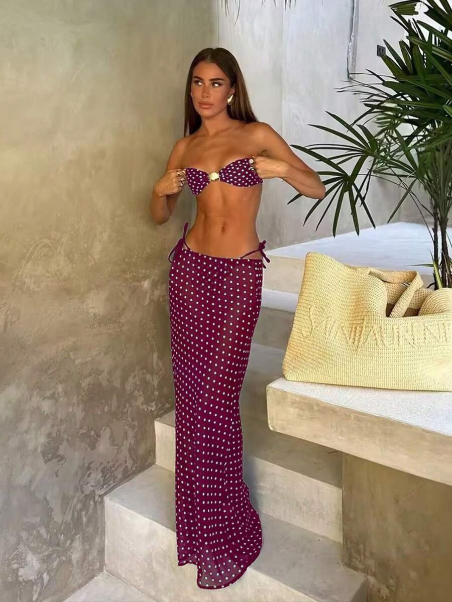 Elegant And Sensual Polka Dot Three-Piece Bikini Set For Women - Burgundy - View 1