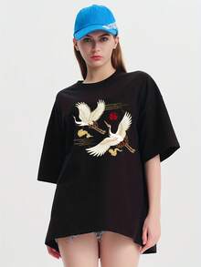 Women's T-Shirt Made Of Pure Cotton, Loose Fit And Chino Style, With American Urban Fashion Print, Breathable And Comfortable For Summer, With Dropped Shoulders And Small Neckline. - 黑色 - 查看 6