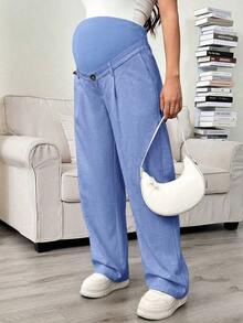 Pantalones rectos con bolsillo en diagonal, cintura ajustable, para maternidad - Azul - Ver 4