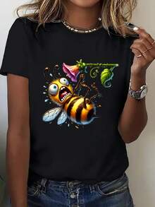 Talla Grande - Camiseta Oversize para Mujer - Camiseta de 200 g/m² de corte holgado con estampado vintage, top casual negro para uso diario en verano, imprescindible para el vestuario de temporada, diseño sencillo de dibujos animados, tela transpirable, camiseta de manga corta, Talla Grande - tallas S-3XL, perfecta para usar en capas o como prenda individual. Camisetas gráficas de verano para mujer, camiseta casual estampada de manga corta y cuello redondo, moda urbana local de primavera/verano. - Negro - Ver 8