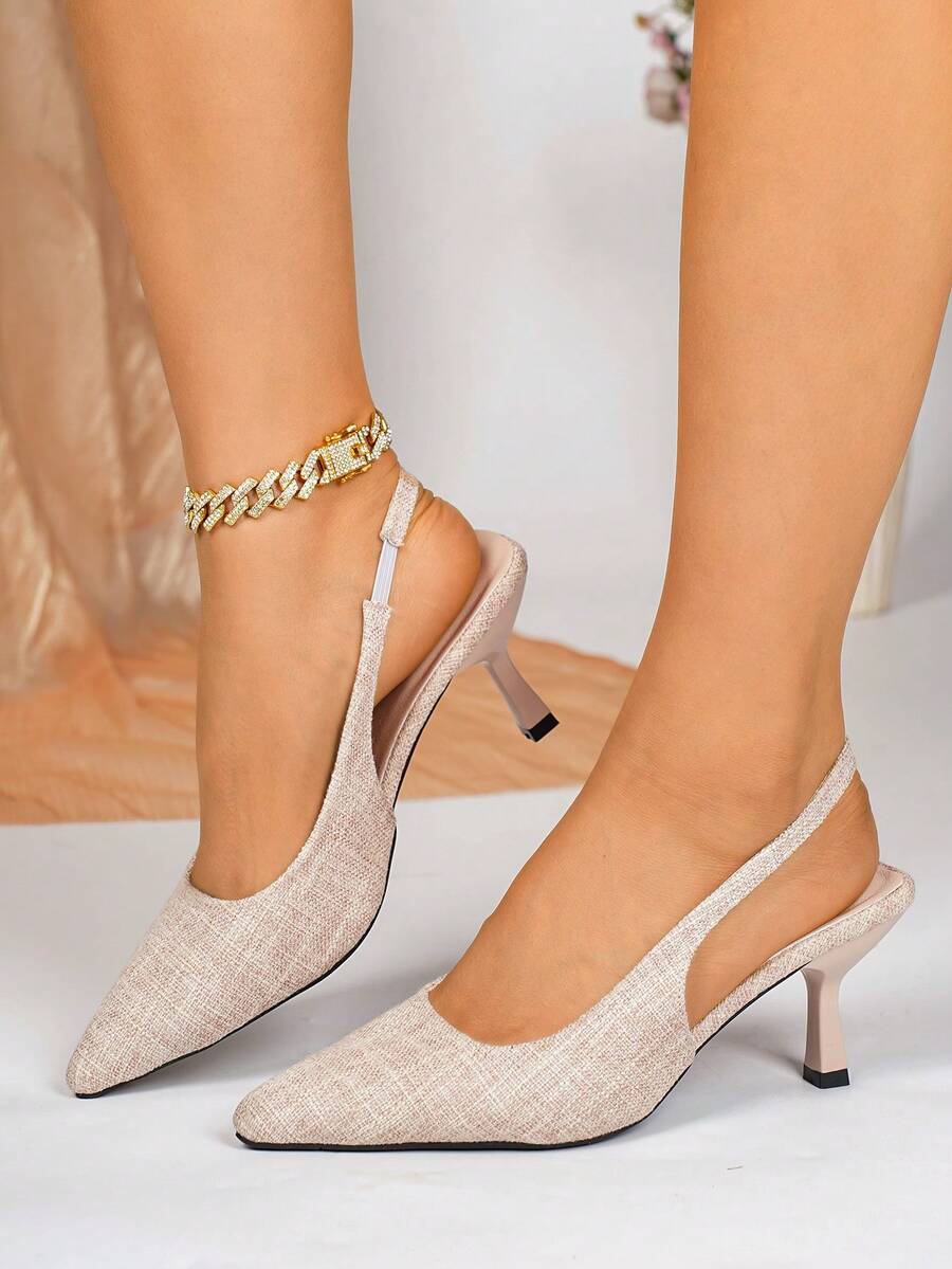 New Summer French Pointed Toe Stiletto Heel Sandals, Women Woven Texture Open Back Strap High Heel Shoes, Fashionable Commuting Pumps - Beige - View 1