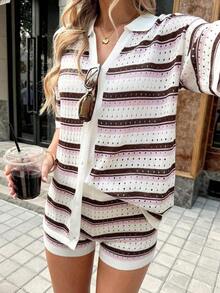 Conjunto de 2 piezas de verano para mujer, estilo vintage y vacacional, de punto, ligero y transpirable, con diseño calado, top de rayas con botones y pantalón corto de cintura elástica, adecuado para uso diario, vacaciones en la playa, estilo callejero, citas festivas, fiestas en la playa primaveral - Multicolor - Ver 6