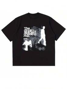Unisex Retro Y2K T-Shirt With Black And White Graphic Print, 90s Urban Style, Crew Neck, Dream Chasing Dreams Print, Comfortable For Year-Round Wear, Casual T-Shirt - 黑色 - 查看 12
