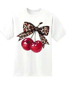 Under The Radar Women's Cherry Leopard Print Bow T-Shirt, Casual Summer Top, Fashionable Tee For Everyday Wear, Party Outfit - Urban Vintage Style, Unisex, Loose Cotton, Short Sleeve, Crew Neck. - 白色 - 查看 2