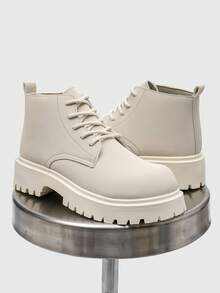 Men's Fashion Round Toe High-Top Boots, Thick Sole Anti-Slip Work Boots, Retro Ankle Boots For Men, Outdoor Wear In Winter, Plus Size - White - View 7