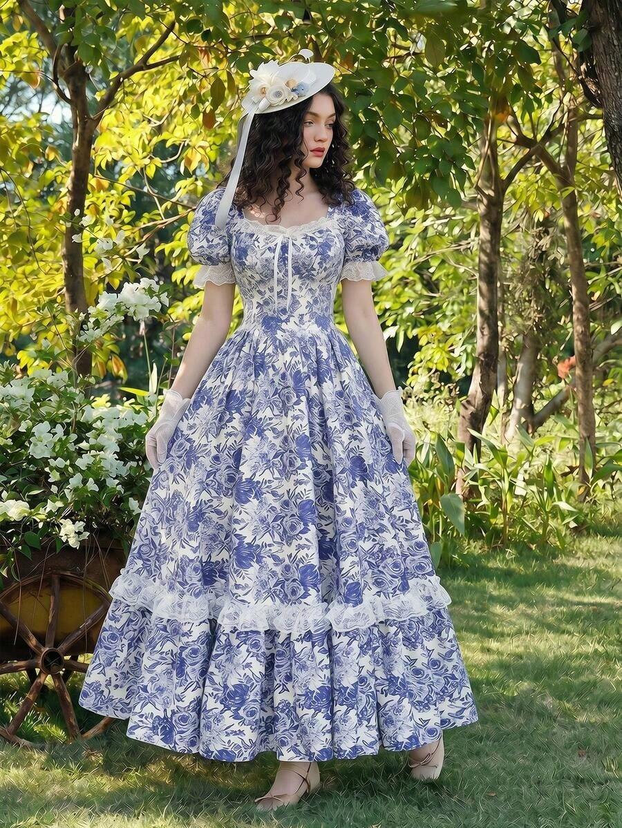 MOD Vestido largo de encaje blanco con volantes estilo victoriano vintage, vestido de fiesta, vestido de graduación, con exquisita mano de obra - Azul y blanco 2 - Ver 1