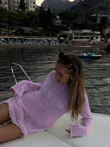 Vestido de cárdigan de punto corto con cuello redondo y manga larga, calado en rosa.Vestido de punto elegante, casual y cómodo para mujer, ideal para primavera/verano, para usar en la playa, resort, fiestas de traje de baño o vacaciones.Diseño minimalista de unicolor y falda corta. - Púrpura malva - Ver 7