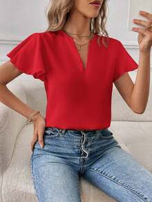 Camisa de mujer de unicolor con escote en V entallado y manga corta, informal y adecuada para el trabajo, blusas de manga corta - Rojo - Ver 1