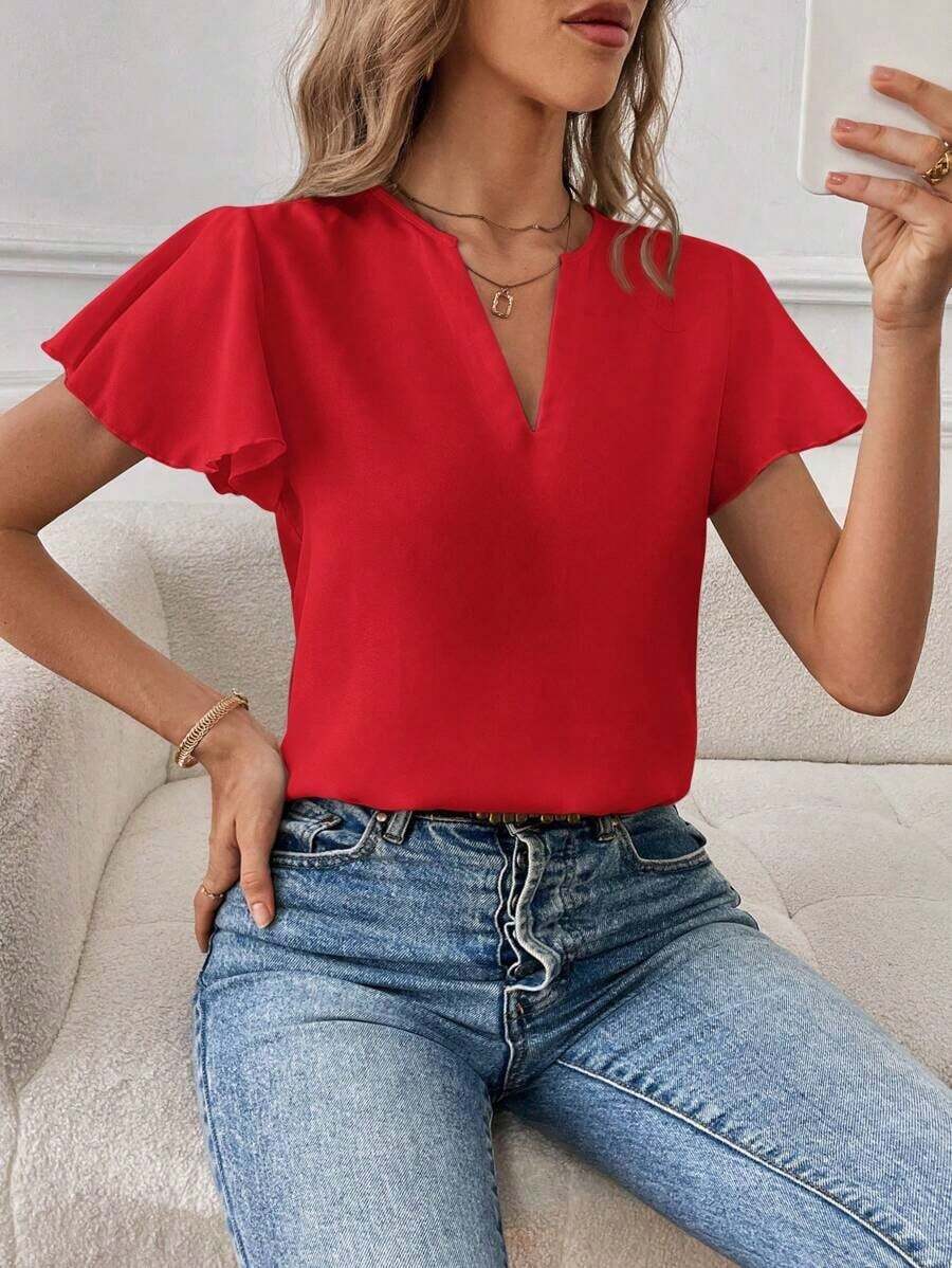 Camisa de mujer de unicolor con escote en V entallado y manga corta, informal y adecuada para el trabajo, blusas de manga corta - Rojo - Ver 1