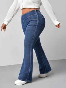 Leggings vaqueros acampanados elásticos de talle alto para mujer, de color azul, ligeros e informales, ideales para el día a día, con bolsillos y efecto moldeador. - Azul - Ver 2