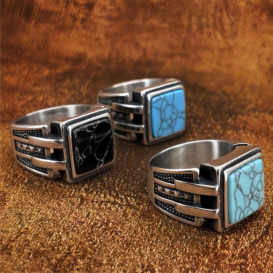 1 chiếc nhẫn vuông tối giản màu ngọc lam, thiết kế thời trang unisex, món quà tuyệt vời dành cho đồng nghiệp, cha. - nhẫn - Xem 1