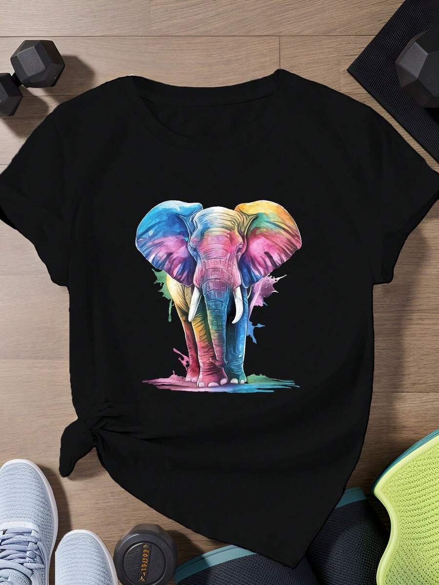 Camiseta deportiva de manga corta para mujer de talla con estampado de elefante en acuarela vibrante. - Negro - Ver 1