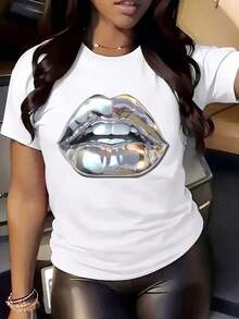 Casual T-Shirt [Casual Comfort] Women's T-Shirt With Lip Print - Casual And Sporty Style, Round Neck, Short Sleeve, Comfortable, Polyester Blend, Summer Top, Machine Washable, 100% Cotton, Durable - 白色 - 查看 1