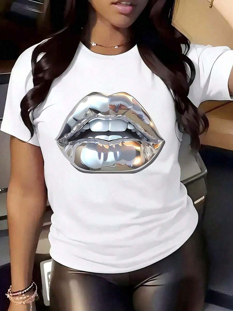 Casual T-Shirt [Casual Comfort] Women's T-Shirt With Lip Print - Casual And Sporty Style, Round Neck, Short Sleeve, Comfortable, Polyester Blend, Summer Top, Machine Washable, 100% Cotton, Durable - 白色 - 查看 1