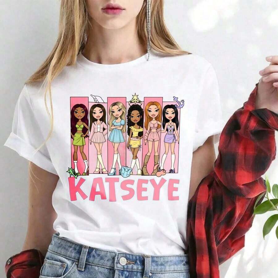 Katseye Music T-Shirt, Katseye K-Pop Graphic T-Shirt, Katseye Beautiful Chaos T-Shirt - Comfortable Crew Neck, Elastic Fit, Stylish And Versatile, Machine Washable, All-Season Clothing For Boys And Girls Ages 5-14, Perfect For Everyday Wear, School Clothes, Family Gatherings, Birthday Parties - Ideal Gift For Fans And Kids - 白色 - 查看 1