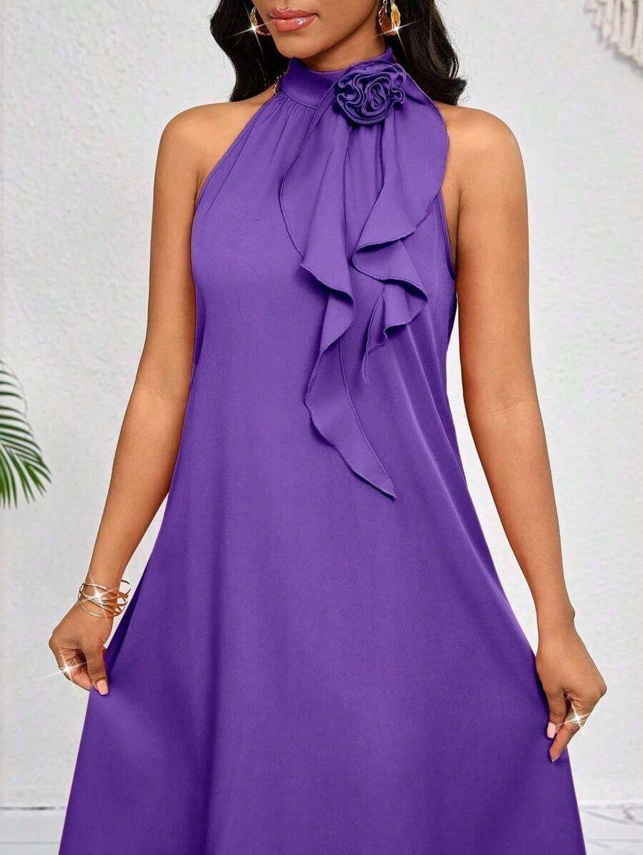Lady Vestido de longitud media naranja con decoración de volantes florales tridimensionales en el cuello.Elegante y holgado para damas.Ideal para vacaciones de primavera y verano.Estilo bohemio. - Morado - Ver 1