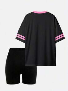 Conjunto de camiseta y pantalones cortos de ciclista con estampado gráfico de número 13 y eslogan, de moda casual para mujer - Multicolor 8 - Ver 2