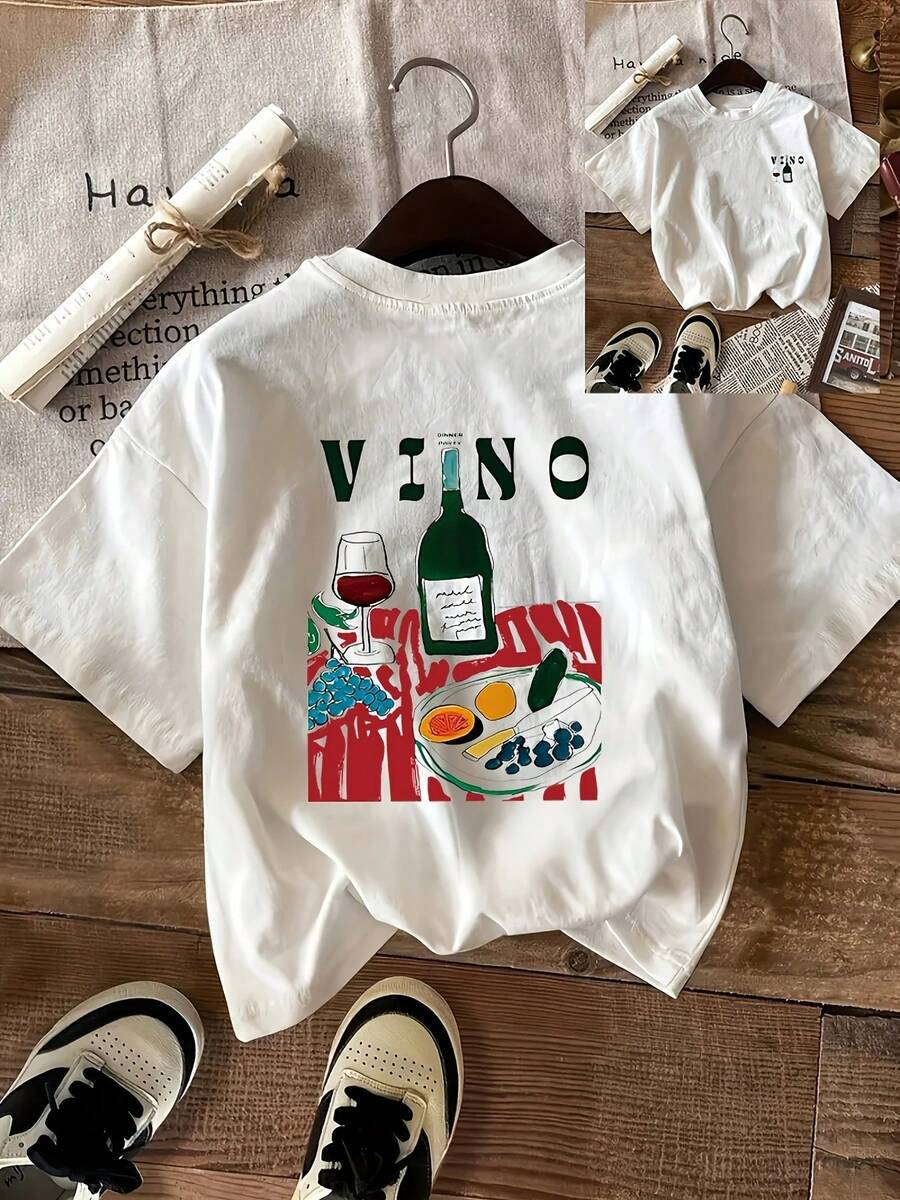 Women's Crew Neck T-Shirt, Double-Sided Wine Red Letter Print, Casual Sporty Style For Spring And Summer, Short Sleeves - White - View 1