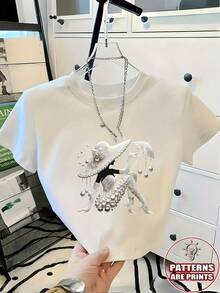 Women's Short-Sleeved T-Shirt With Pearl Print Pattern,  Crop Top For Summer. - White - View 1
