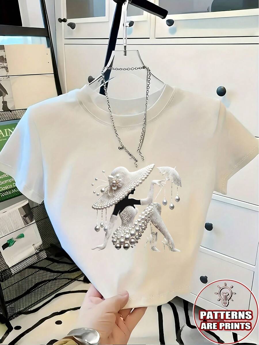 Women's Short-Sleeved T-Shirt With Pearl Print Pattern,  Crop Top For Summer. - White - View 1