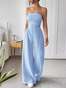 Mono de pierna ancha informal de mujer de talla grande, de algodón, con tirantes finos y espalda descubierta, para verano - Celeste - Ver 5
