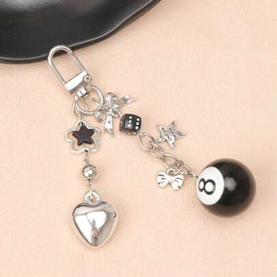 1pc Unisex Cute Imitation Black , Dice, Bow Tie, Star, Silver Heart Pendant Keychain, Sweet Style Bag Charm