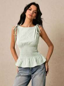 Blusa de cuadros verdes con cuello redondo, cintura con lazo y volantes en el bajo, hombros con lazo, para verano, tops de mujer, tops de verano, tops de concierto, tops de playa, tops con volantes, tops con lazo delantero, tops bohemios, tops de - Verde - Ver 8