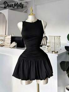 Vestido corto negro de cuello redondo y sin mangas elegante para mujer , adecuado para usar en capas como ropa formal, perfecto para salidas, fiestas y citas en primavera - Negro - Ver 8