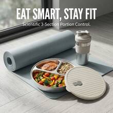 1pc/Set 3 Grids Round Dinner Plate With Lid, Stackable 304 Stainless Steel Dining Plate, Reusable Tableware, Durable Gridded Food Plate Tray, Suitable For Student & Adult Use In Home, School, Office, Restaurant, Canteen, Dishwasher Allowable - Multicolor - View 5