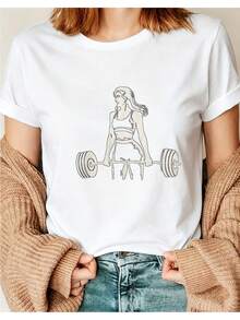 Weightlifter Print T-Shirt, Women's Casual Short Sleeve Crew Neck T-Shirt, Ideal For Daily Wear, Casual Outings, Holiday Gift, Pixianai01, Short Sleeve Crew Neck Top, Suitable For All Seasons, Casual And Versatile. - 白色 - 查看 7