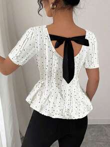 Elegante blusa de punto jacquard con lunares, lazo en la espalda, cintura ceñida y bajo asimétrico - Multicolor - Ver 2
