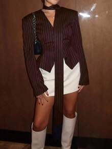Chaqueta de blazer elegante a rayas para mujer, chaqueta de lujo de manga larga con cuello en V y bufanda anudada para mujer, prenda exterior de primavera - Rojo - Ver 5