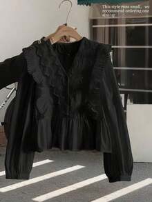 ii Blusa de manga larga con volantes, parches de encaje y unicolor casual blanca para primavera - Negro - Ver 2