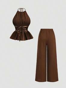 Conjunto de 2 piezas estilo francés relajado con camiseta sin mangas de cintura ceñida y pantalón ancho de pierna holgada, un conjunto de moda para mujeres - Café integral - Ver 2