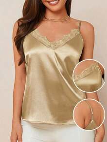 Camiseta de satén azul elegante para mujer con cuello de encaje, versátil para usar en primavera/verano o como prenda de abrigo debajo de chaquetas en otoño/invierno - Camel - Ver 8