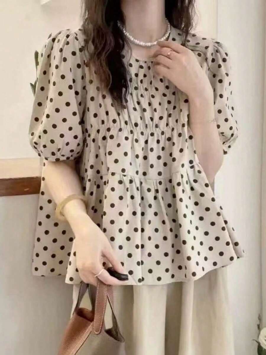 Blusa de verano de longitud regular con cuello redondo, mangas cortas con pétalos y dobladillo acampanado, con estampado de lunares para mujer - Albaricoque - Ver 1