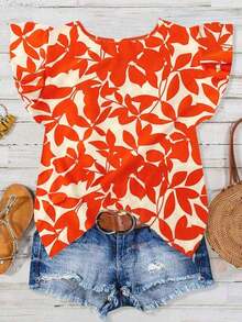 Tall Blusa casual de mujer con estampado floral de hojas sobre base naranja, cuello redondo, mangas de vuelo y mangas cortas, para primavera/verano - Naranja - Ver 2